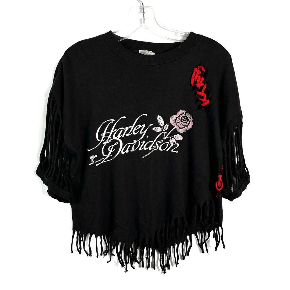 Harley Davidson Vintage 80s 1989 Rose Graphic Fringe Crop Top Shirt Sea Spray